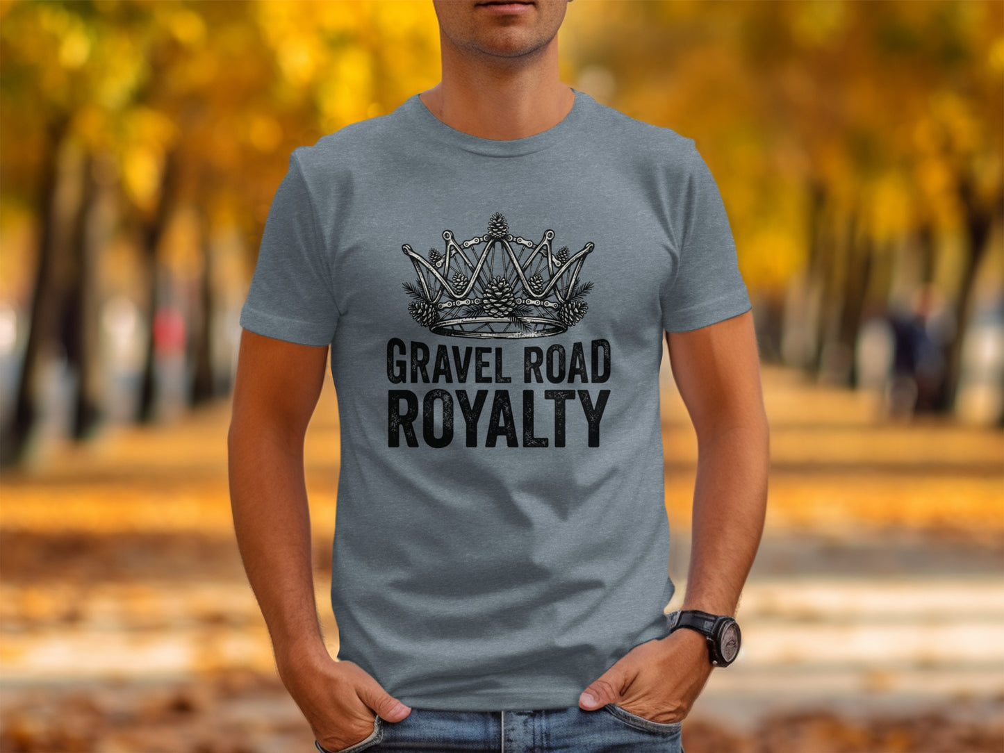 Gravel Road Royalty: Backcountry Outpost Shirt: Grey t-shirt with "GRAVEL ROAD ROYALTY" and a crown graphic.