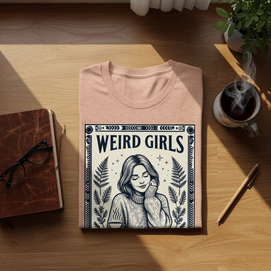 T-shirt with "WEIRD GIRLS" text, fern designs, and a woman holding a mug.
