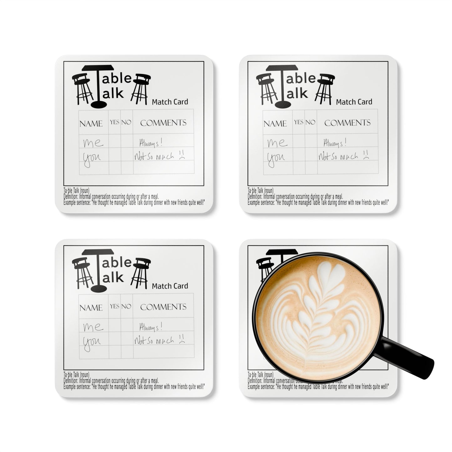 Table Talk Cork Coaster Set of 4 — Funny Conversation Match Card Design