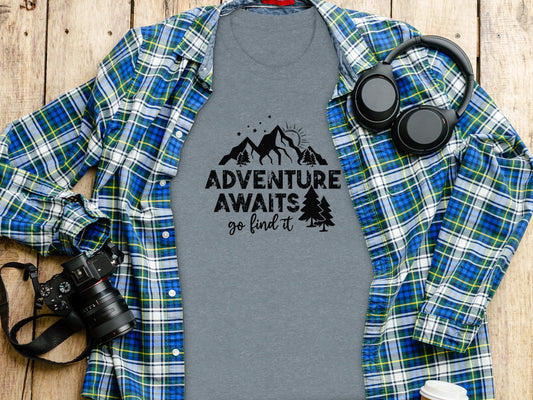 Adventure Awaits Go Find It Mountains Trees and Sun T-Shirt T-Shirt - Outdoor & Adventure Collection - Mile Marker 16 Gear by Cloud 16 Clothing Co.