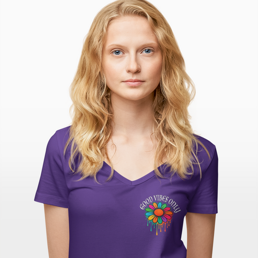 Woman wearing a purple t-shirt with a colorful design and text on a white background
