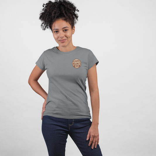 Woman wearing a gray t-shirt with a logo on a white background