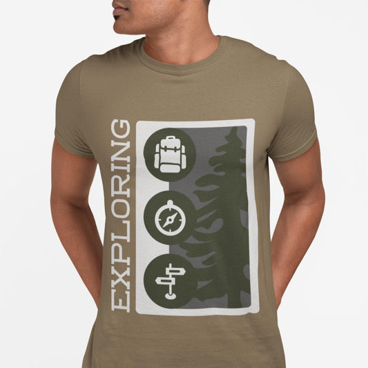 Person wearing a green t-shirt with 'Exploring' graphic design on a white background