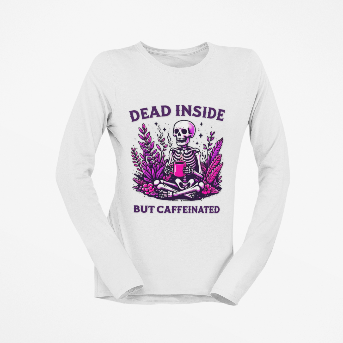 White long-sleeve shirt with a graphic design featuring a skeleton and text on a white background