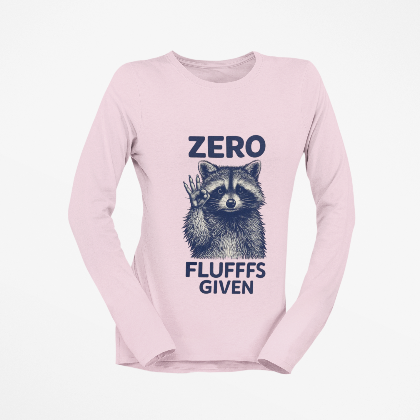 Pink long-sleeve shirt with raccoon graphic and text on a white background