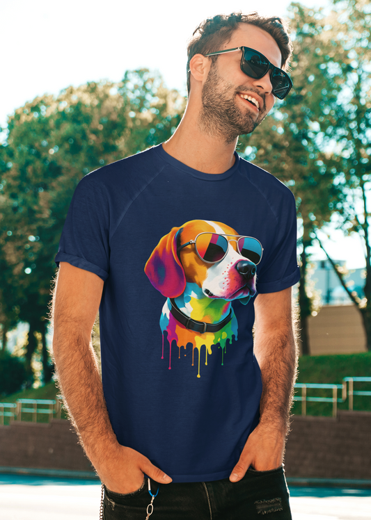 Man wearing a navy blue t-shirt with a colorful dog graphic outdoors.