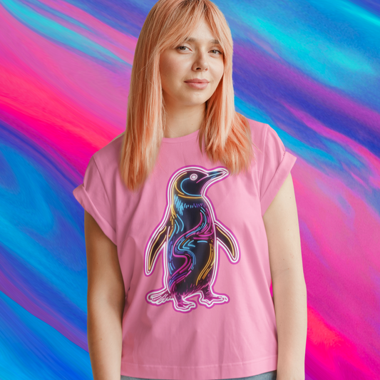 Person wearing a pink t-shirt with a colorful penguin design on a multicolored background