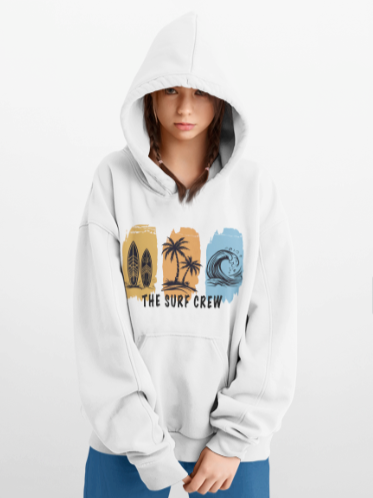 Person wearing a white hoodie with 'The Surf Crew' design on a white background