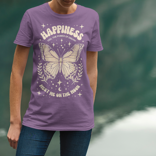 Person wearing a purple t-shirt with a butterfly design and text.