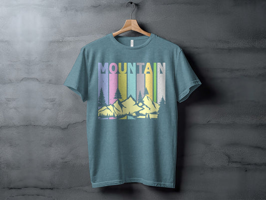 Mountain Graphic Tee with Colorful Vertical Stripes