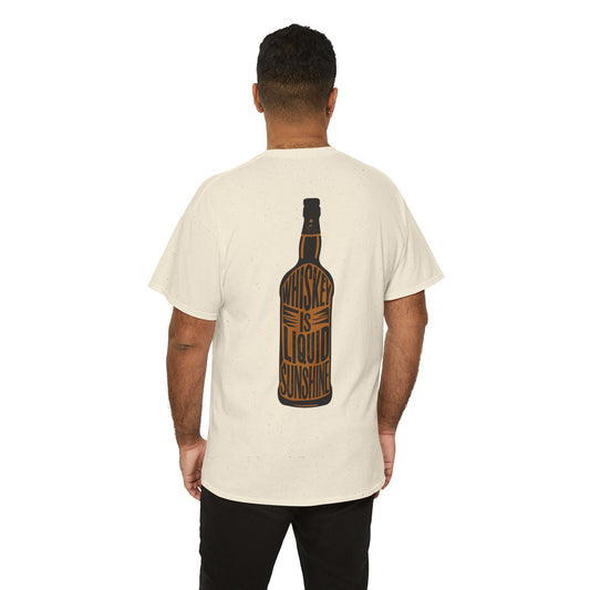 Person wearing a beige t-shirt with a bottle graphic and text on the back, on a white background