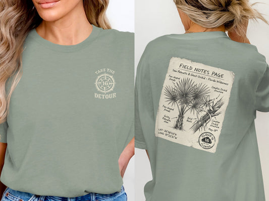 Green t-shirt, front logo; back features Florida field notes illustration and text.
