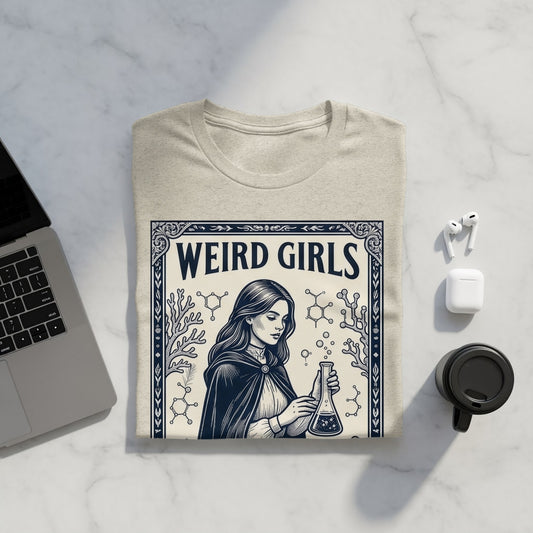 "WEIRD GIRLS" t-shirt design with a woman holding a flask and scientific graphics.