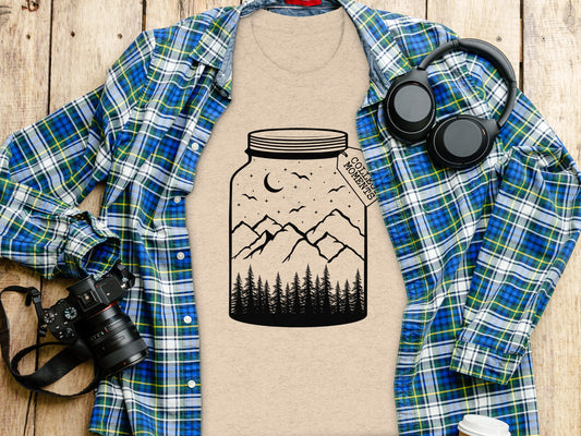 Collect Moments Jar with Mountains Scene Design T-Shirt T-Shirt - Outdoor & Adventure Collection - Mile Marker 16 Gear by Cloud 16 Clothing Co.
