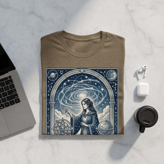 Woman in celestial gown gestures towards swirling galaxy over astronomical instruments.
