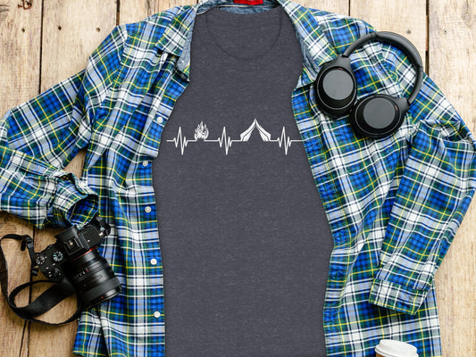 Camping Heartbeat With Tent Plus Fire Summer Camp T-Shirt T-Shirt - Outdoor & Adventure Collection - Mile Marker 16 Gear by Cloud 16 Clothing Co.