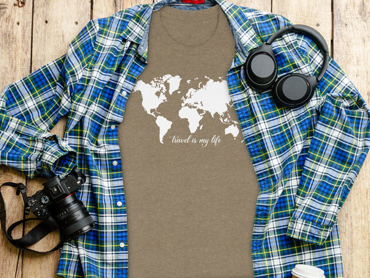 World Map Travel is My Life Graphic Design T-Shirt T-Shirt - Outdoor & Adventure Collection - Mile Marker 16 Gear by Cloud 16 Clothing Co.