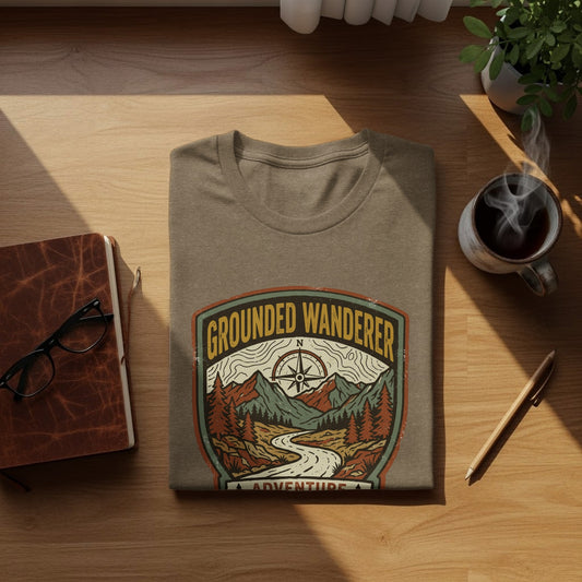 Heritage Grounded Wanderer Adventure Nomad Tee: Brown t-shirt with "Grounded Wanderer Adventure" emblem featuring mountains and compass.