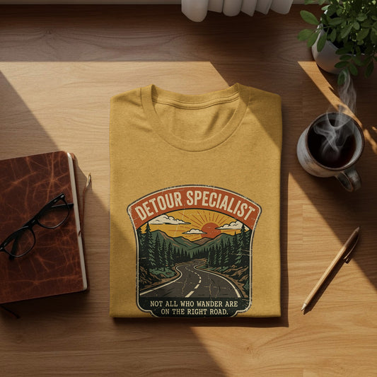 Heritage Detour Specialist Vintage Graphic Nomad Tee: Yellow t-shirt with "Detour Specialist" slogan and scenic mountain road graphic.