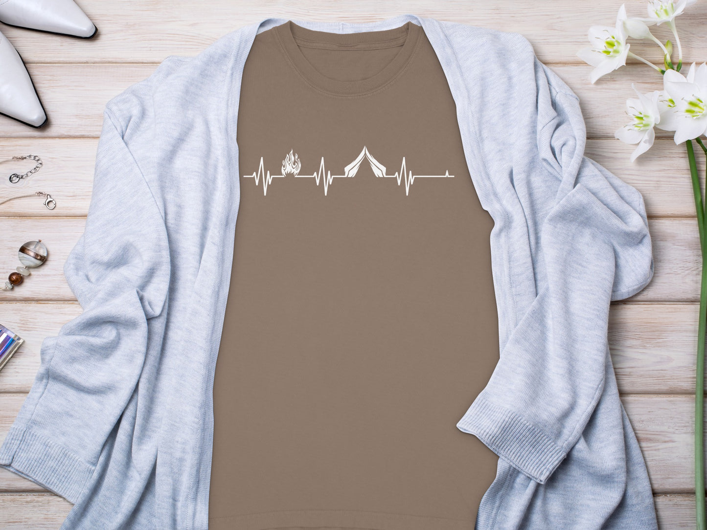 Camping Fire Tent Heartbeat Outdoor Adventure Long Sleeve T-Shirt Long Sleeve Tee - Outdoor & Adventure Collection - Mile Marker 16 Gear by Cloud 16 Clothing Co.