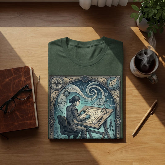 T-shirt with a graphic of a woman drawing a celestial map.