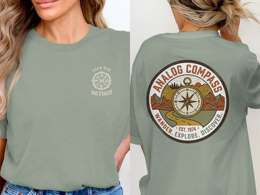 T-shirt with circular Analog Compass graphic, featuring a compass rose and text.