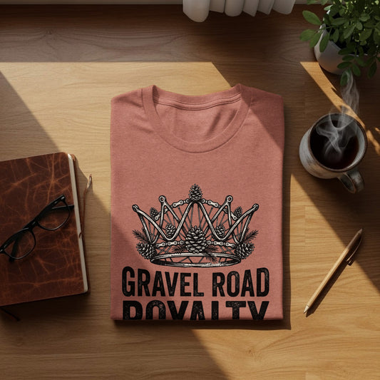 Gravel Road Royalty: Backcountry Outpost Shirt: Coral t-shirt with a crown graphic and "Gravel Road Royalty" text.
