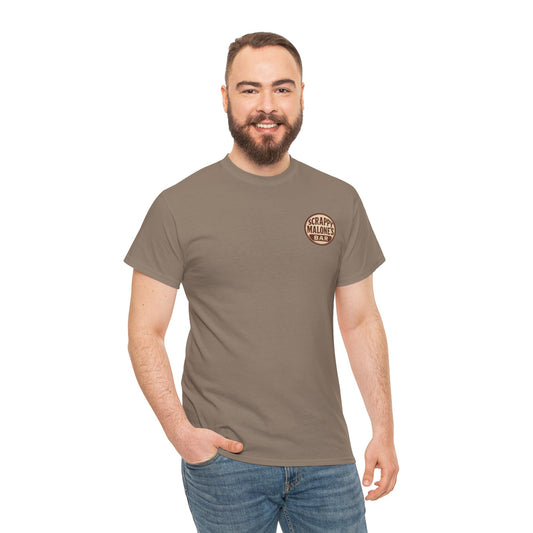 Man wearing a brown t-shirt with a logo on a white background