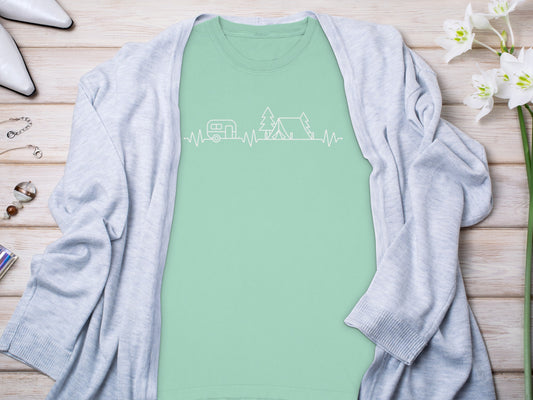 Camping Heartbeat Caravan Tent Adventure Time Long Sleeve T-Shirt Long Sleeve Tee - Outdoor & Adventure Collection - Mile Marker 16 Gear by Cloud 16 Clothing Co.