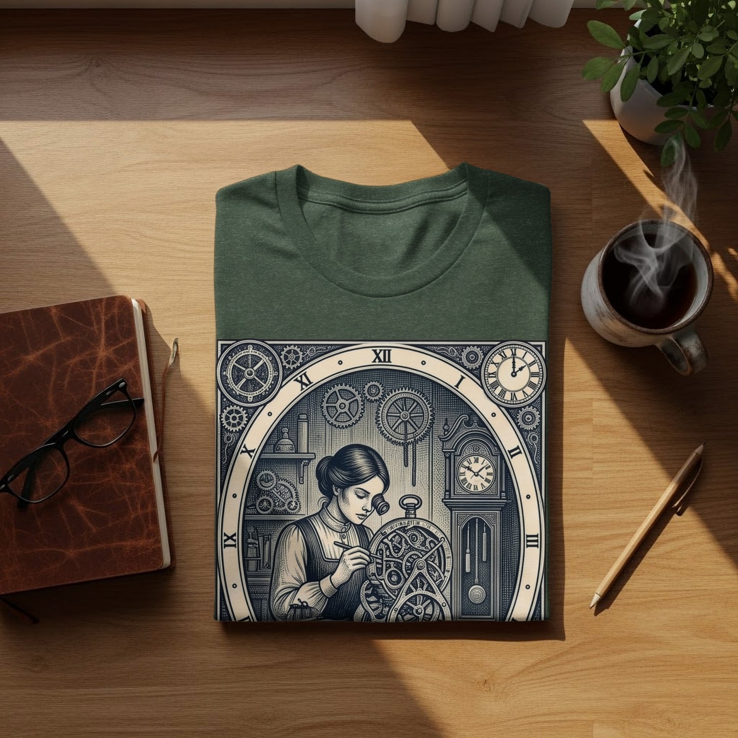 T-shirt featuring intricate clockwork design with a woman repairing a watch.