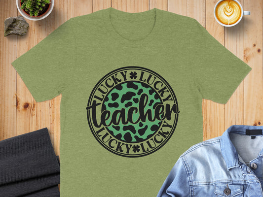 Lucky Teacher Green Leopard Printed T-Shirt
