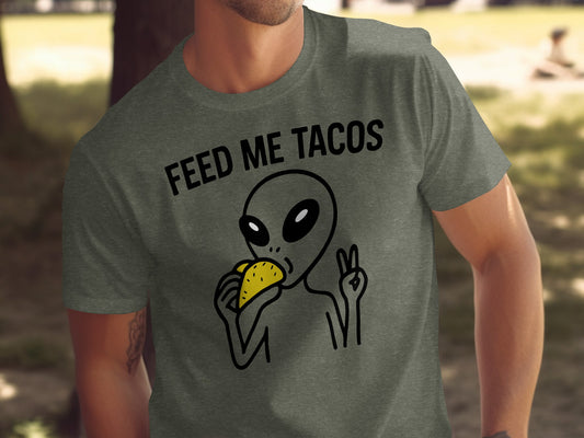 Feed Me Tacos Alien Peace Gesture Graphic Shirt