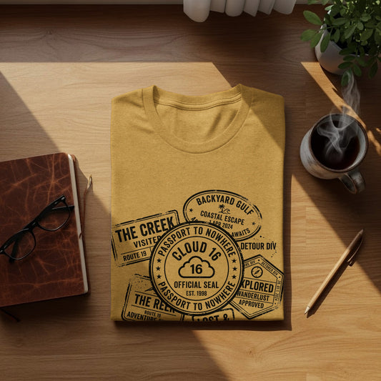 Rugged Wanderlust Passport Stamp Graphic Wilderness Shirt: Yellow t-shirt with "Passport to Nowhere" graphic, featuring stamps and travel-themed text.
