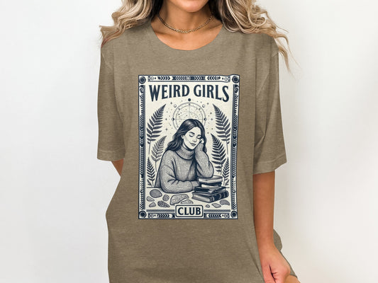 T-shirt with "Weird Girls Club" text and vintage illustration of a woman reading.