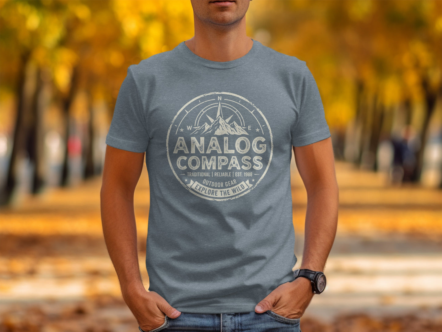 Analog Compass Heritage: The Explorer's Adventure Tee: Gray t-shirt with Analog Compass Outdoor Gear logo, Traditional Reliable Est. 1988.