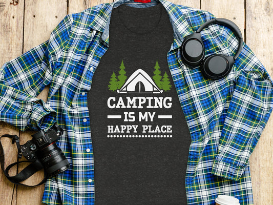 Camping Is My Happy Place Tent And Trees Graphic T-Shirt T-Shirt - Outdoor & Adventure Collection - Mile Marker 16 Gear by Cloud 16 Clothing Co.