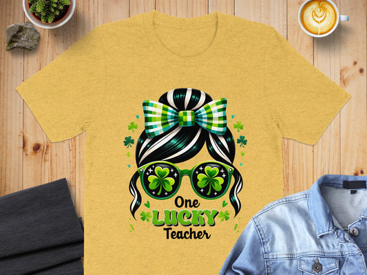 One Lucky Teacher Shamrock Sunglasses Bow T-Shirt