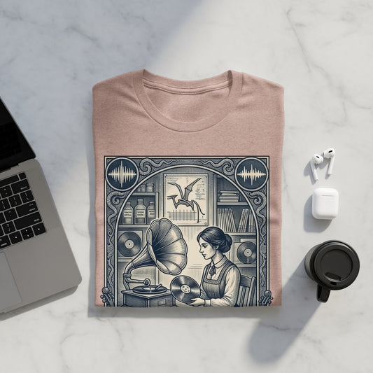 T-shirt featuring vintage illustration of woman with record player and bookshelf.
