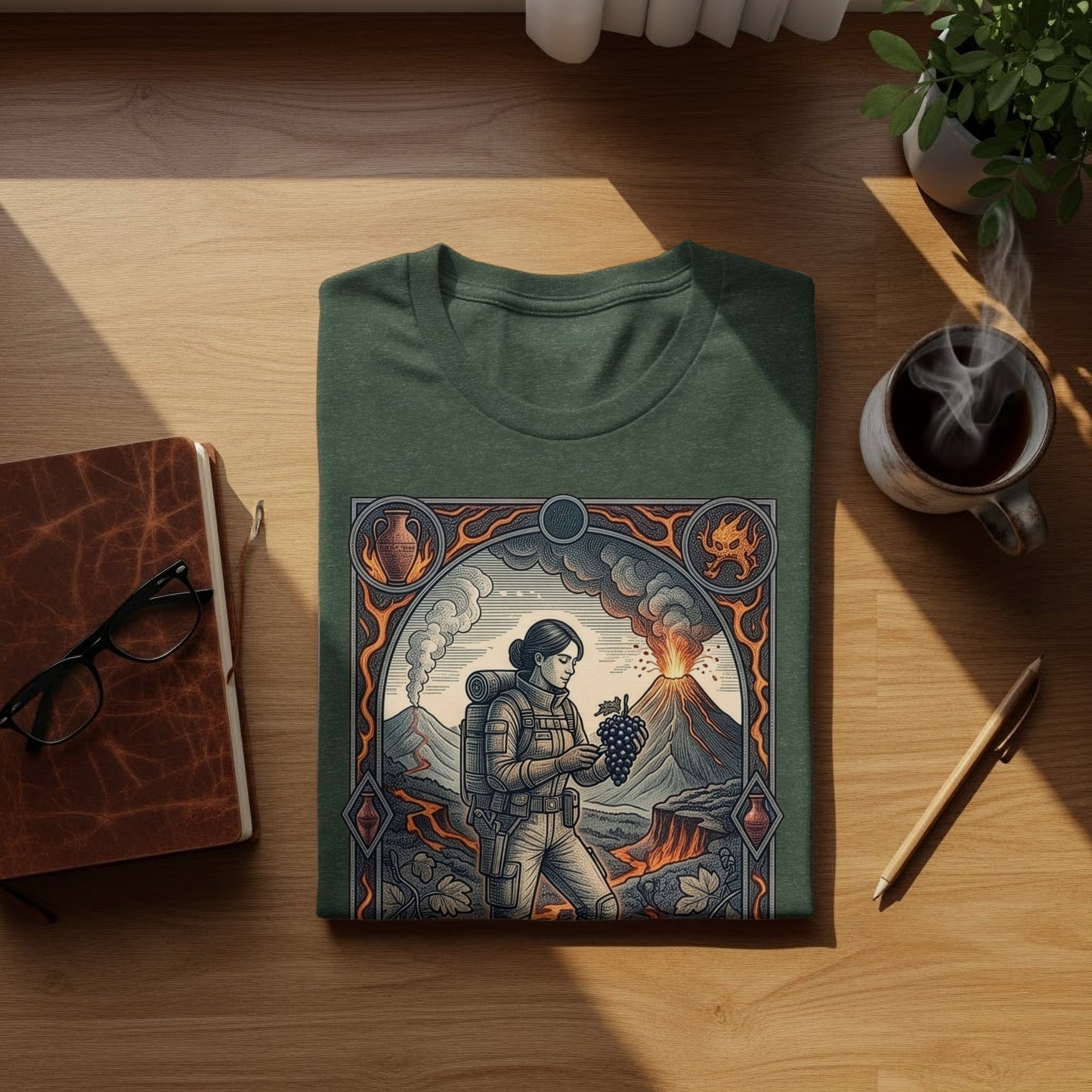 Green t-shirt with a person holding grapes in front of a volcano, framed by ornate border.
