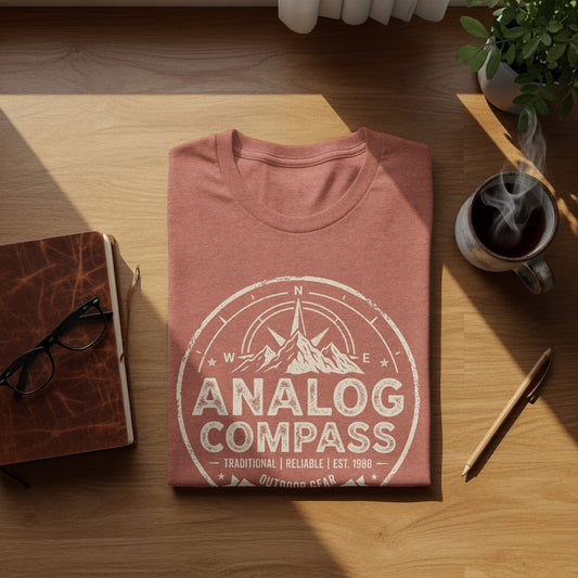 Analog Compass Heritage: The Explorer's Adventure Tee: Pink t-shirt with Analog Compass logo and text, on a wooden surface.