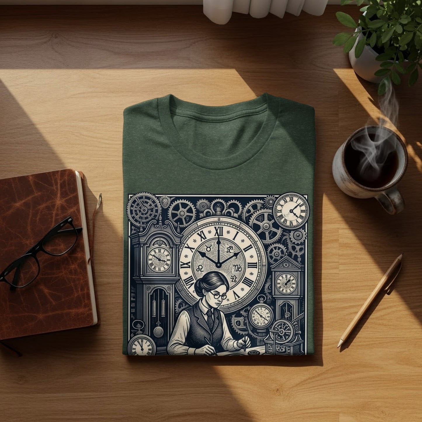 T-shirt with woman at desk, surrounded by antique clock gears.