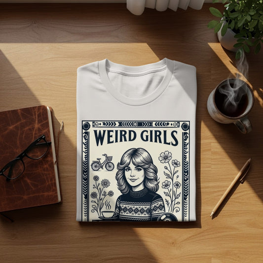 White t-shirt with "WEIRD GIRLS" text and floral design.