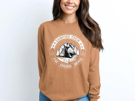Camping Crew Fire Friends Drinks Graphic Sweatshirt