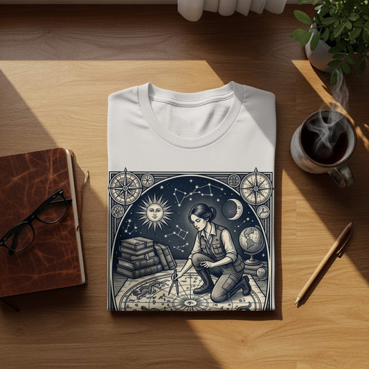 T-shirt with celestial map and astronomer illustration, books, glasses, and coffee.