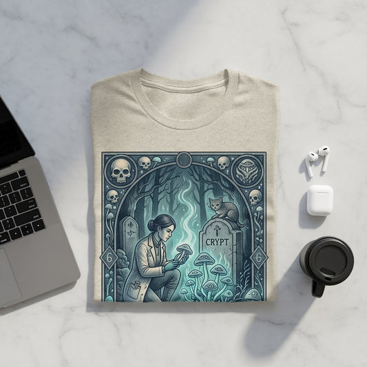 T-shirt with a mystical graveyard scene featuring a woman and glowing mushrooms.