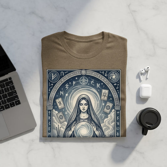 Brown t-shirt with mystical celestial design and tarot card imagery.
