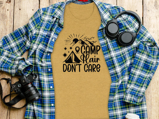Camp Hair Dont Care with Mountain Scene Graphic T-Shirt T-Shirt - Outdoor & Adventure Collection - Mile Marker 16 Gear by Cloud 16 Clothing Co.