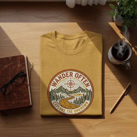 The Original Wander Often Vintage Explorer Adventure Top: Gold t-shirt with "Wander Often Explore The Unknown" circular mountain graphic.