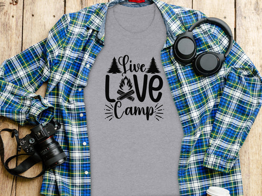 Live Love Camp with Campfire and Trees Graphic T-Shirt T-Shirt - Outdoor & Adventure Collection - Mile Marker 16 Gear by Cloud 16 Clothing Co.