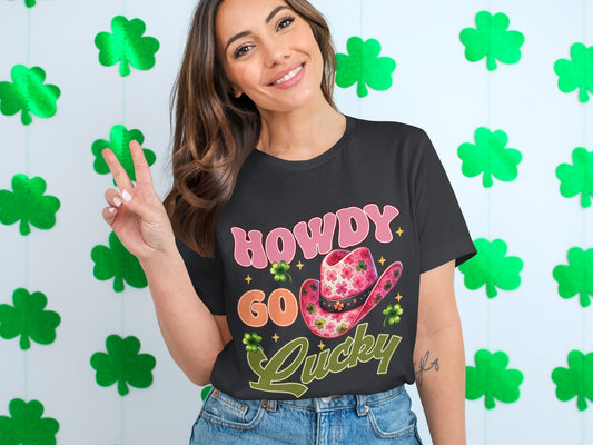 Howdy Go Lucky Graphic Tee with Shamrock Hat Design